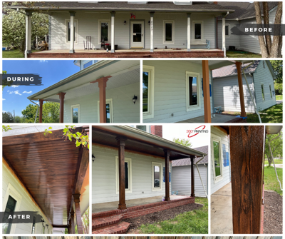 Before, during, and after our process of hand painting a faux-wood finish on these porch columns Photo