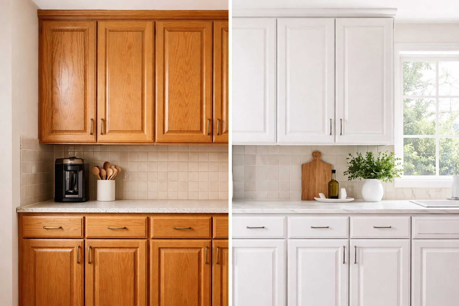 Before and after comparison of kitchen cabinets transformed by professional painting