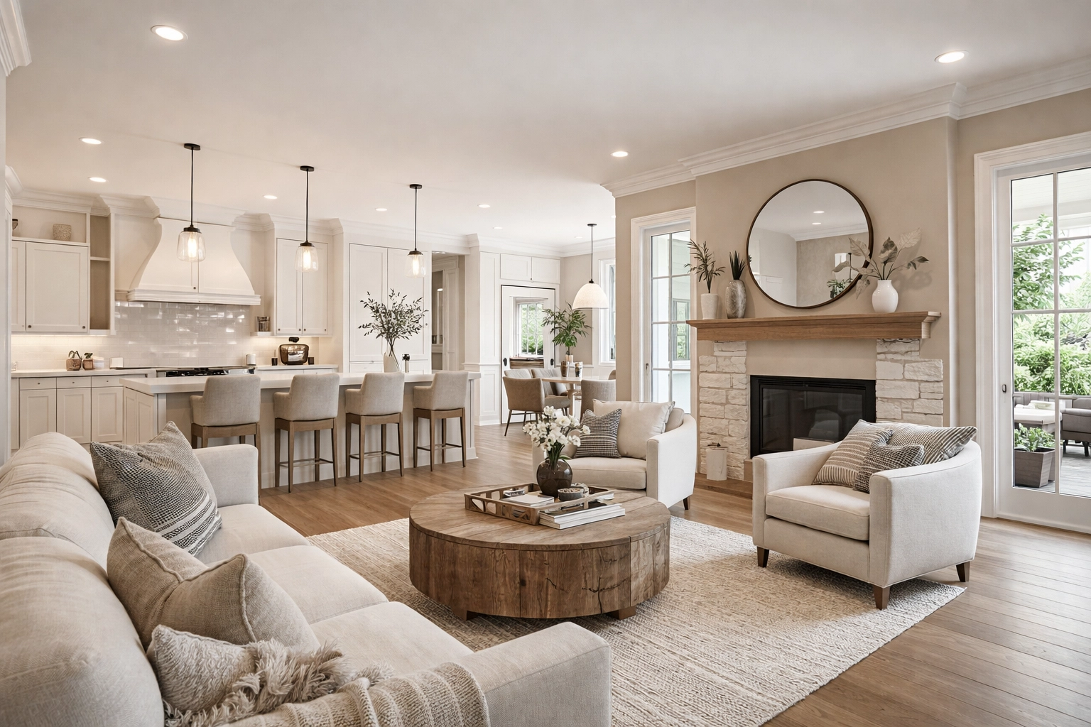  Airy open-concept interior with warm taupe walls and wood floors