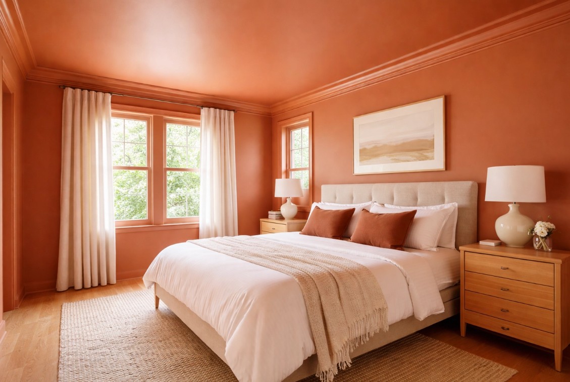Nashville bedroom featuring color drenching in warm terracotta tones
