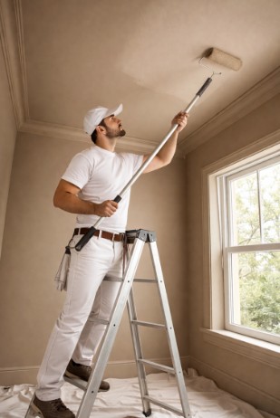 Professional painter applying color drenching technique to ceiling and trim