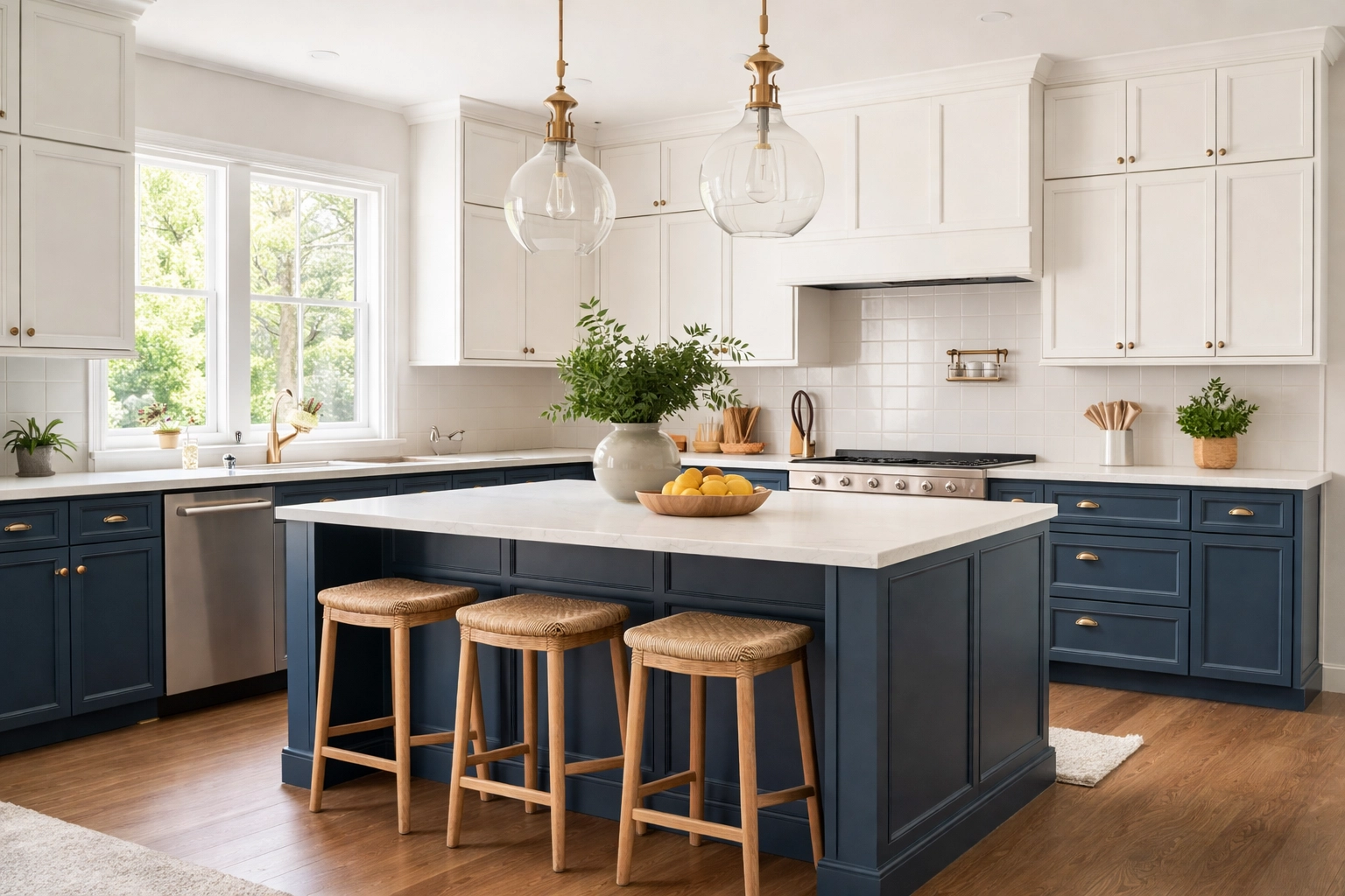 Nashville kitchen featuring navy blue painted lower cabinets with white uppers