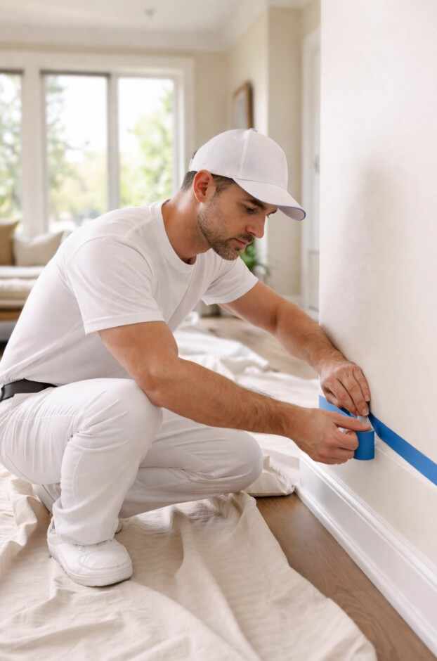Professional painter preparing walls for interior painting in Nashville hom