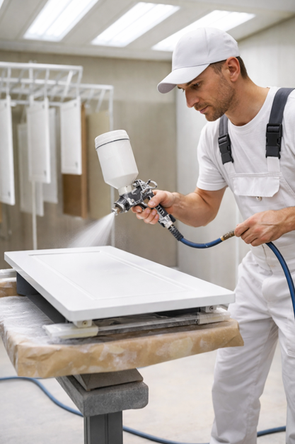 Professional painter carefully applying paint to kitchen cabinet door